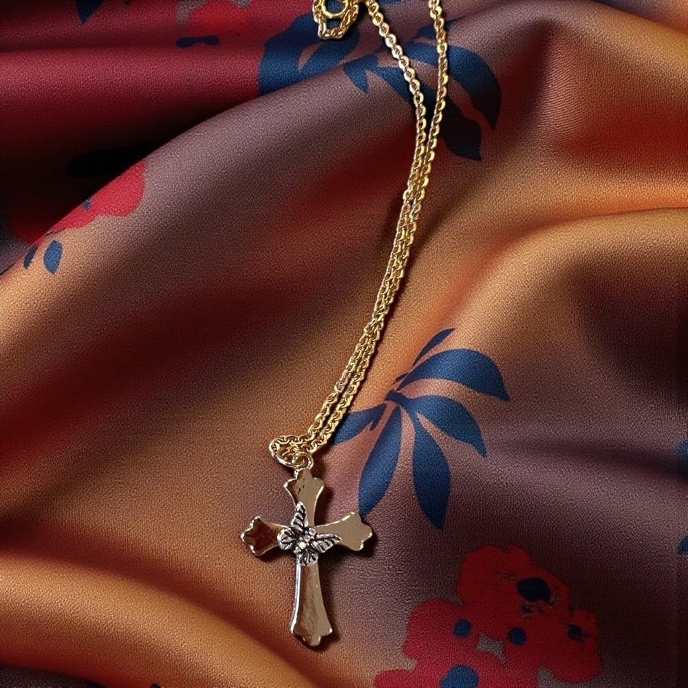 Gold and Silver Toned Cross and Butterfly Pendant Necklace - Picture 9 of 17
